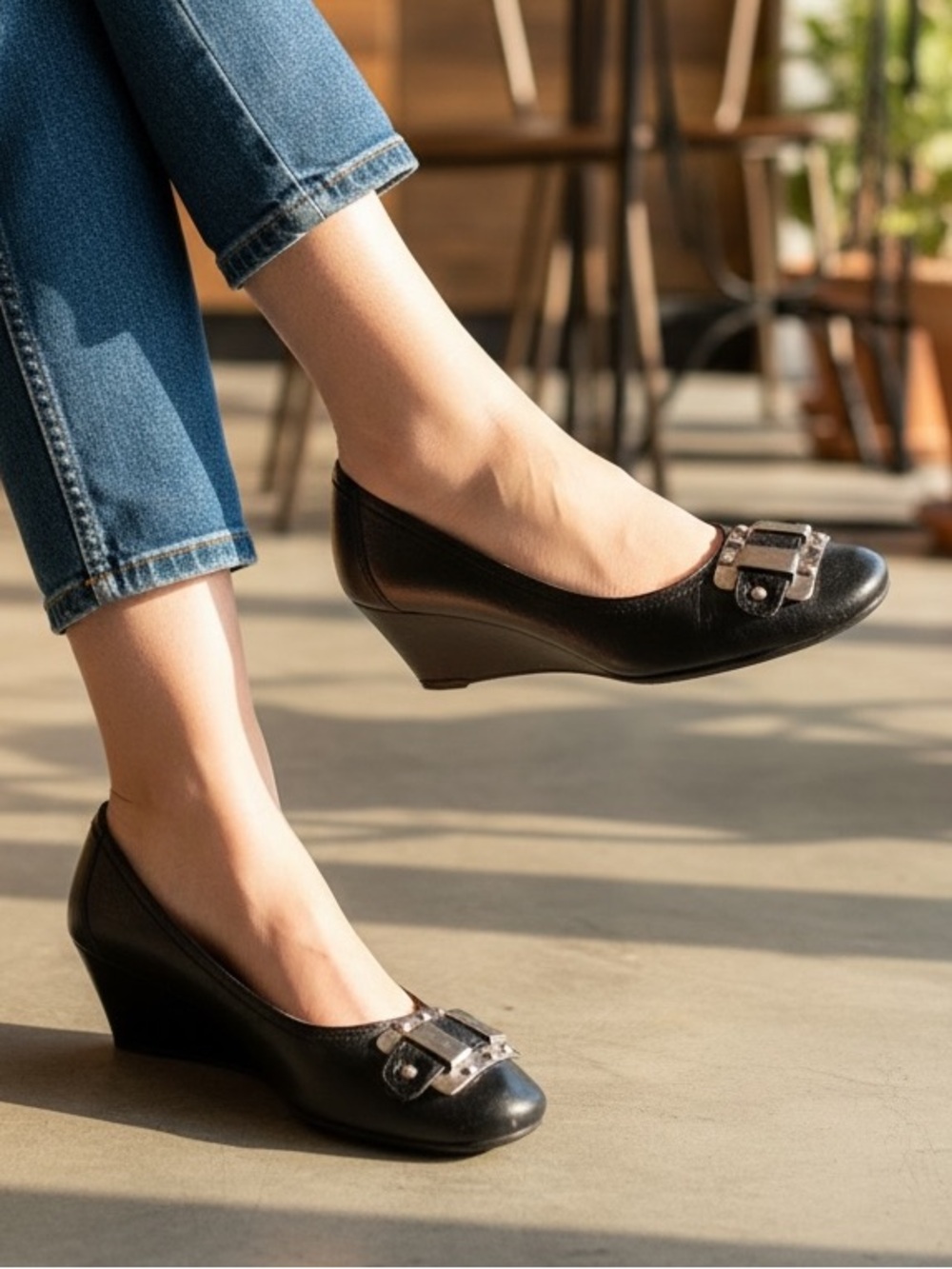 Nine West Tomago Black Leather Buckle Wedge Pumps Size 8M
